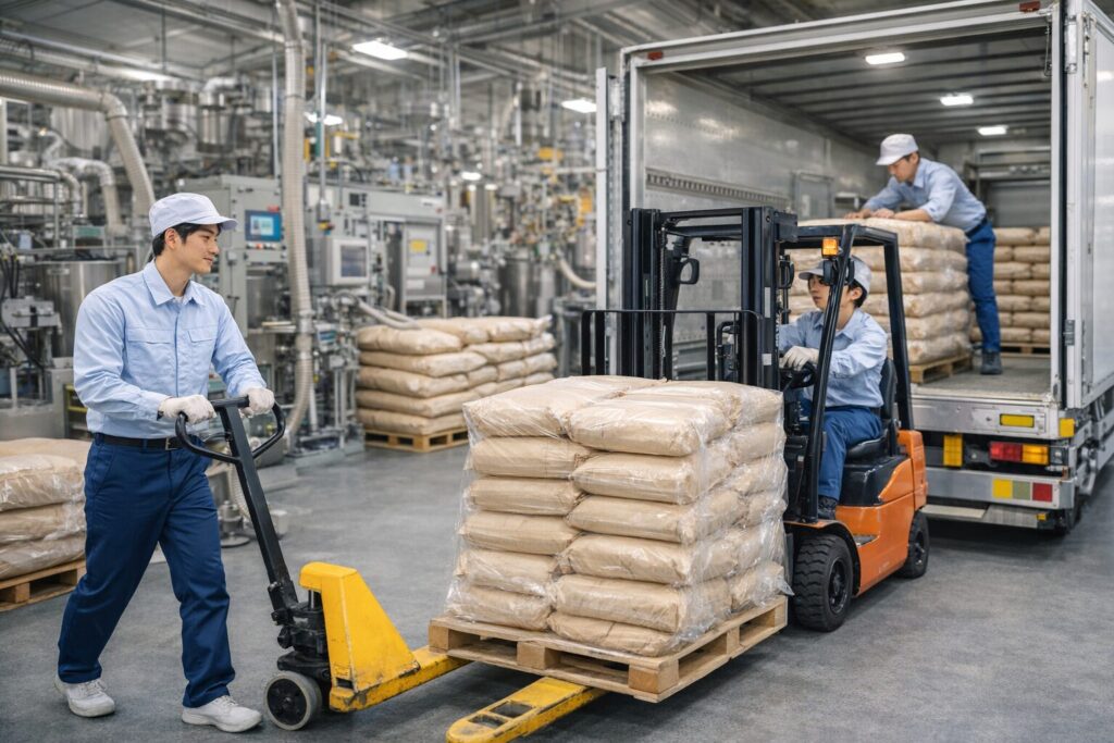 原料の機械投入・袋詰め作業